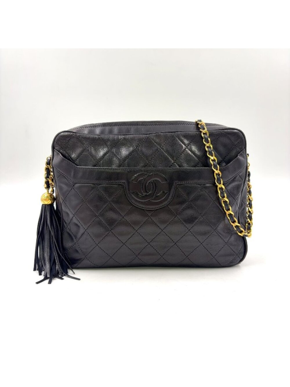 Chanel CC Logo Quilted Fringe Leather Black Chain Shoulder Bag Gold
